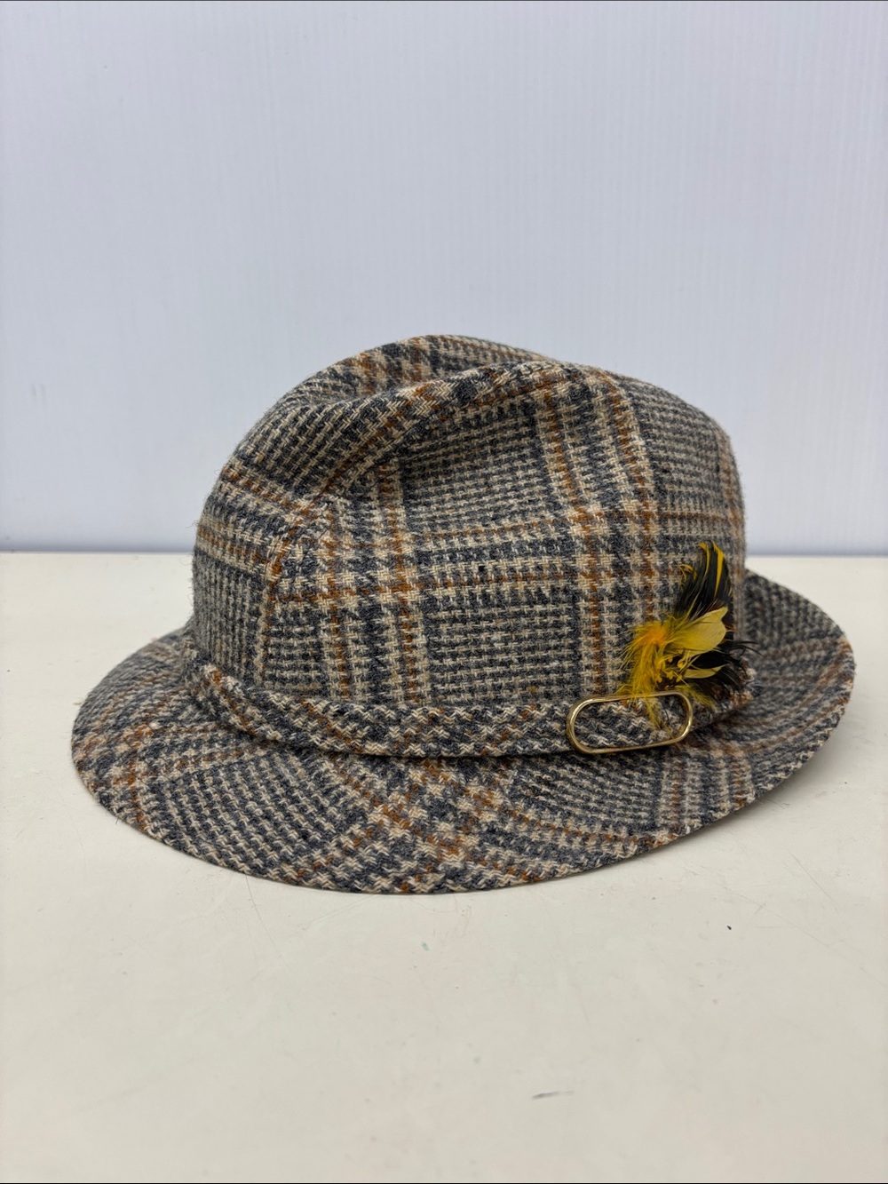 Biltmore Plaid Wool Fedora Hat with Feather Accent - Brown/Gray